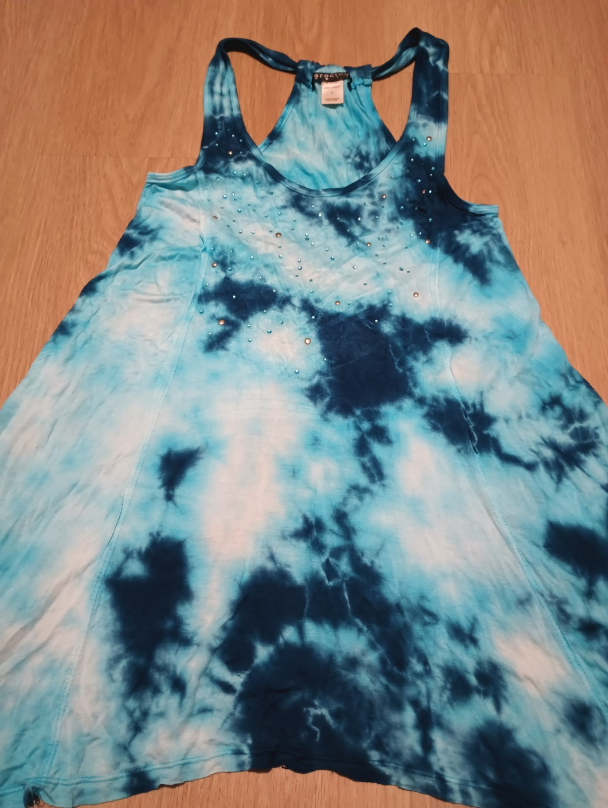Vtg Y2K Teal Tie Dye Asymmetric Racerback Tunic Top swim coverup summer S