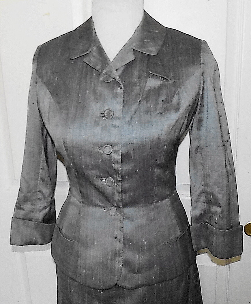 Vintage 50s Silver Gray Shantung Tailored Suit I Magnin B34