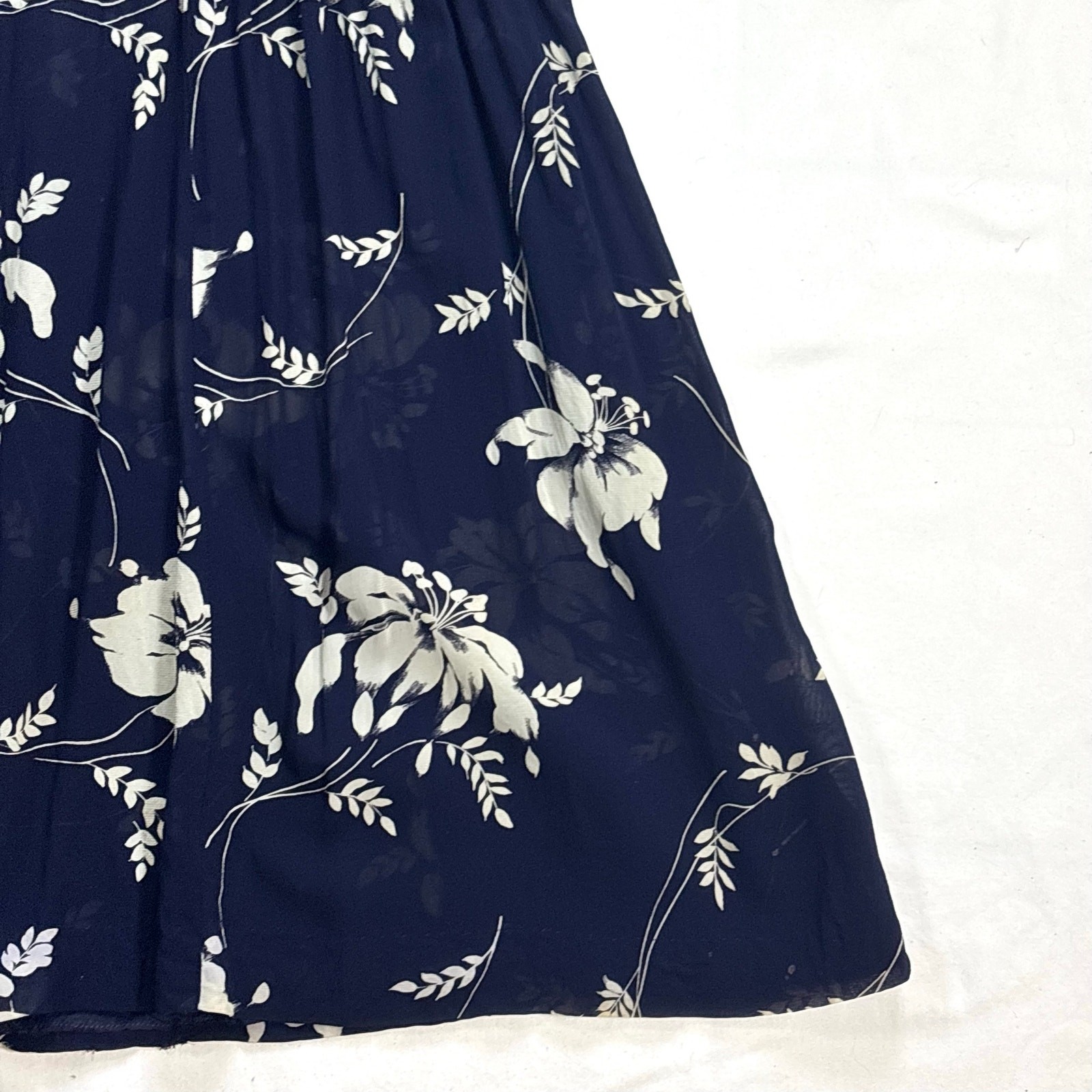 Vintage 1940s Silk Chiffon Shirtwaist Dress Navy Blue Tropical Floral Print