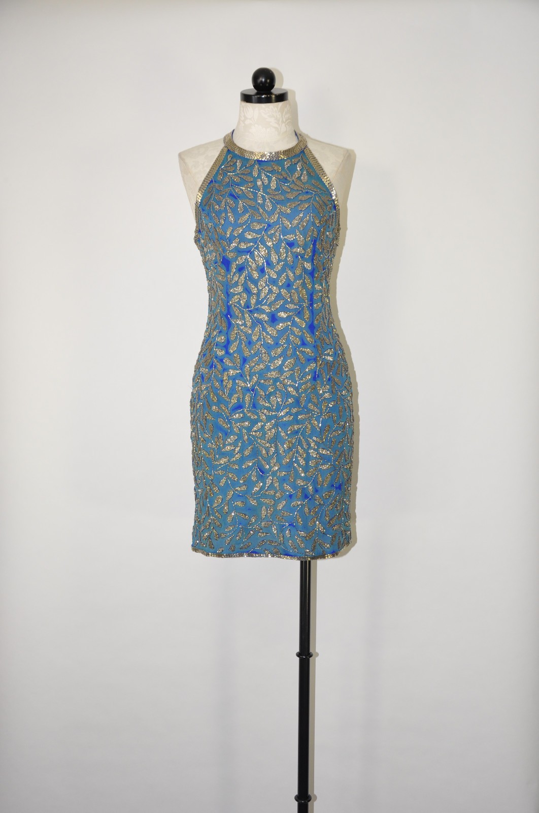 80s Vintage Blue Silk Silver Beaded Jeweled Leaves Backless Halter Mini Dress S