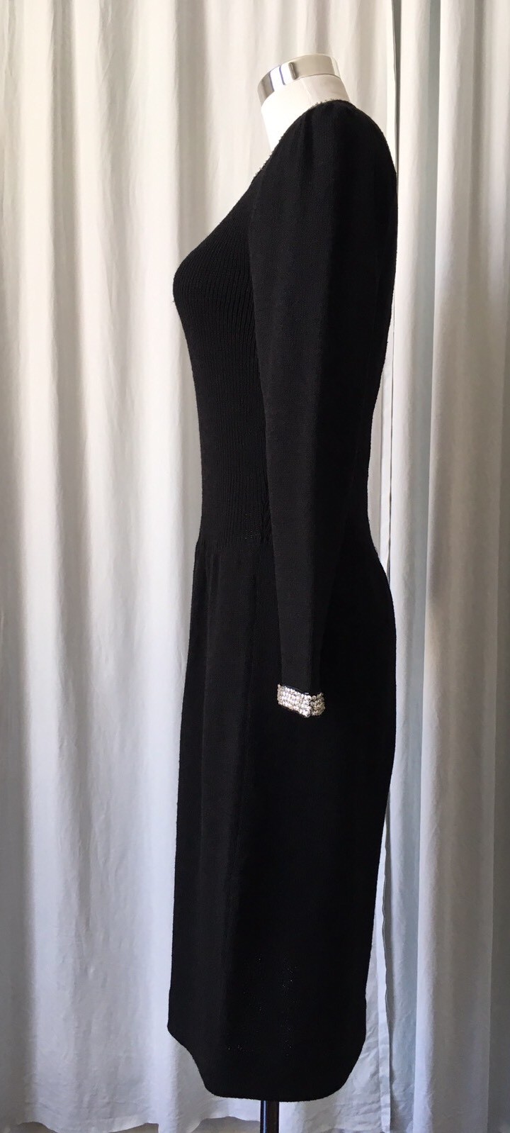 Vintage 70s DON SAYRES Knit black Dress Sequins Bow Bib S/M