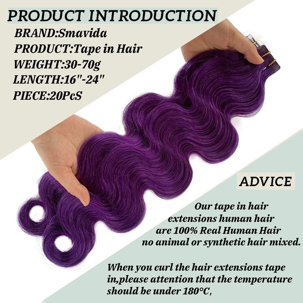 Body Wave Tape-in Human Hair Extensions, Purple 100% Remy Soft Sea