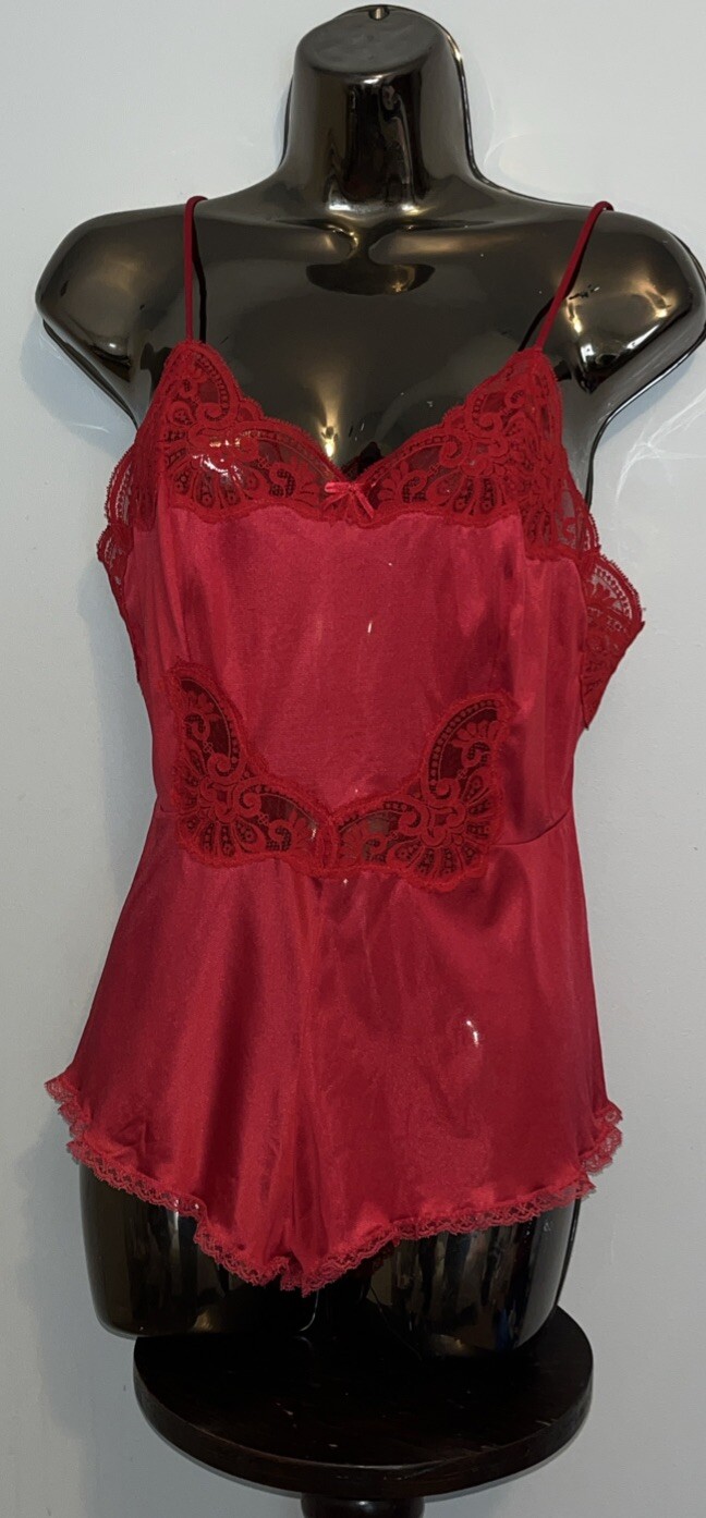 VTG Teddy Playsuit Romper Red Nylon Sheer Lace Ruffle 34 Med USA Maidenform