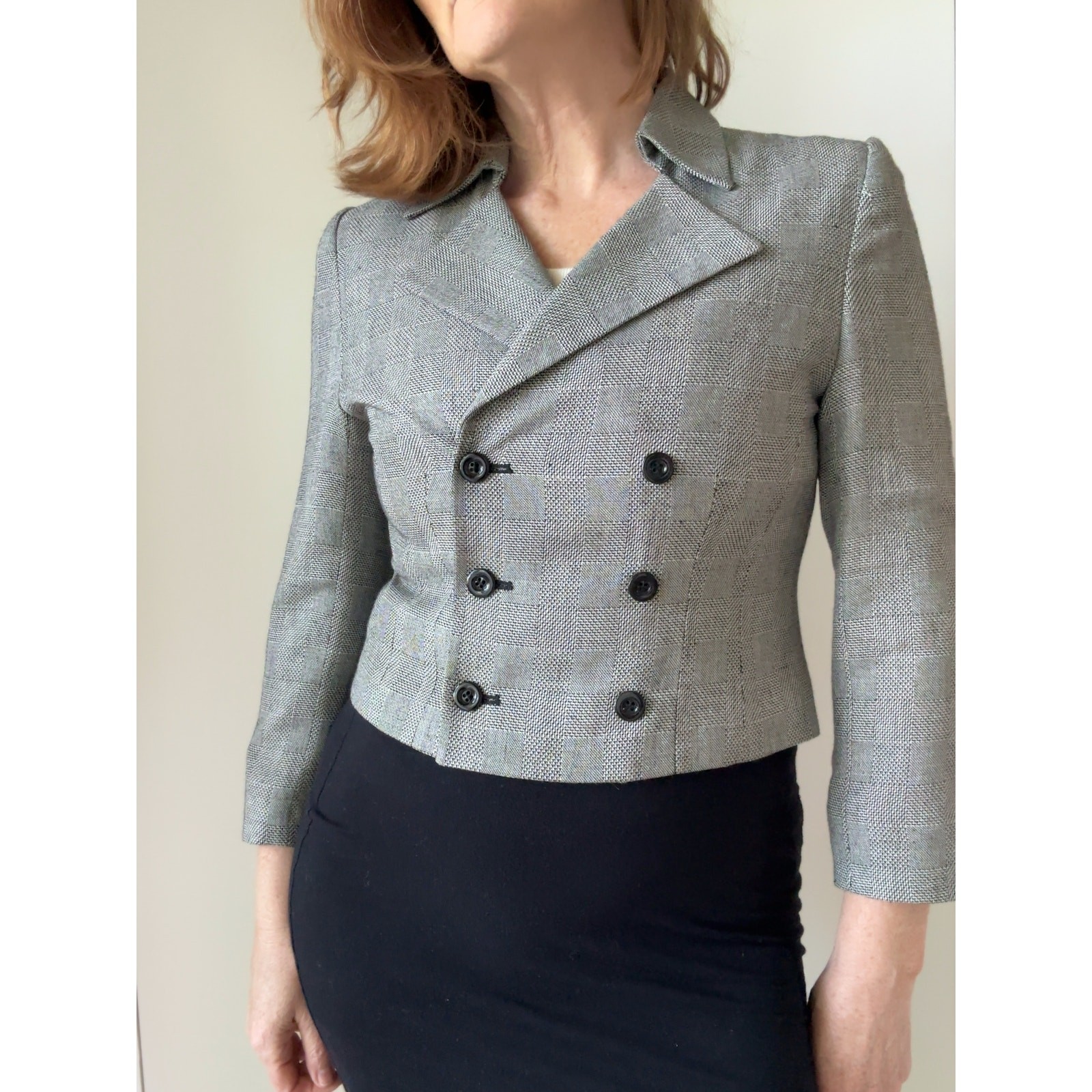 Vtg Cropped Blazers Black/White Herringbone Check Size 2P Double Breasted