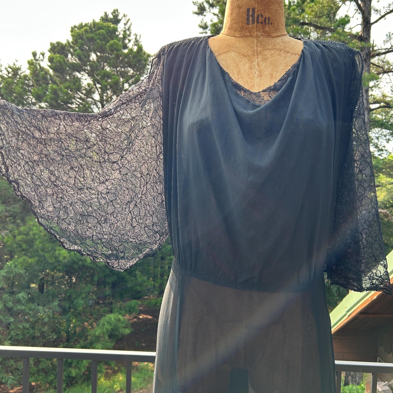 Vintage 30s Black Sheer Silk Chiffon Chantilly Lace Shirred Draped Flowy Midi
