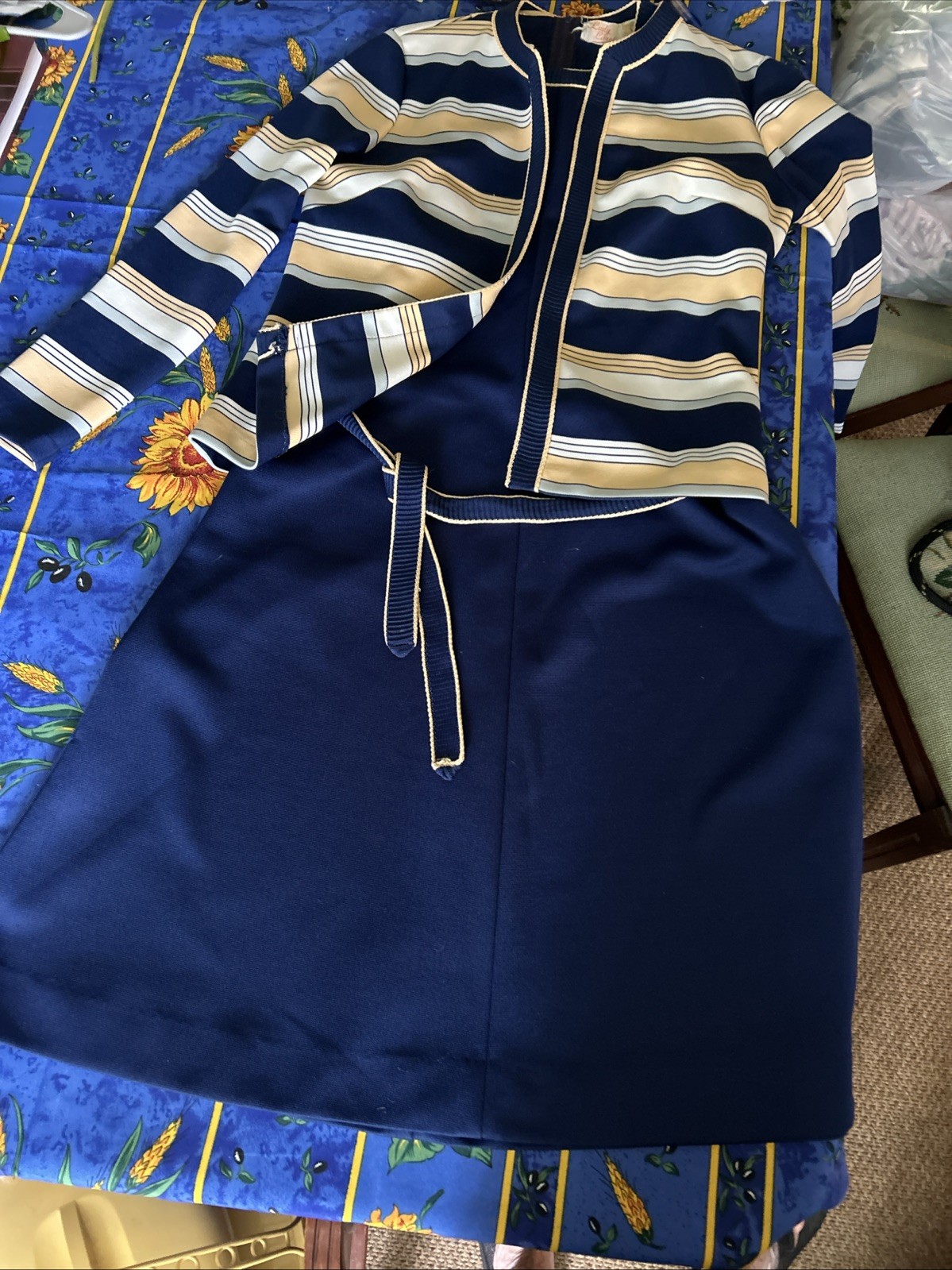 Vtg Lady Carol of New York 2 Pc Navy Knit Dress With Belt & Open Striped Jacket