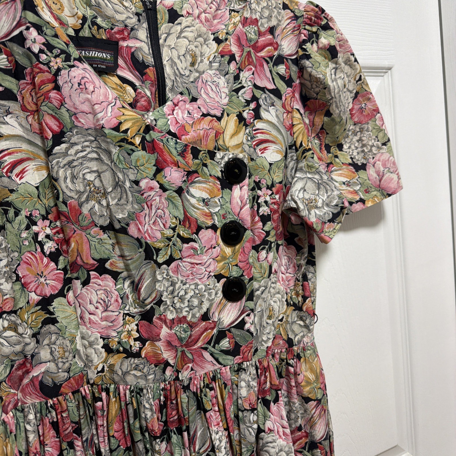 Vintage Cottage Core Dress Pink Floral 1980’s Button Ruffle Size 14 SL Fashions