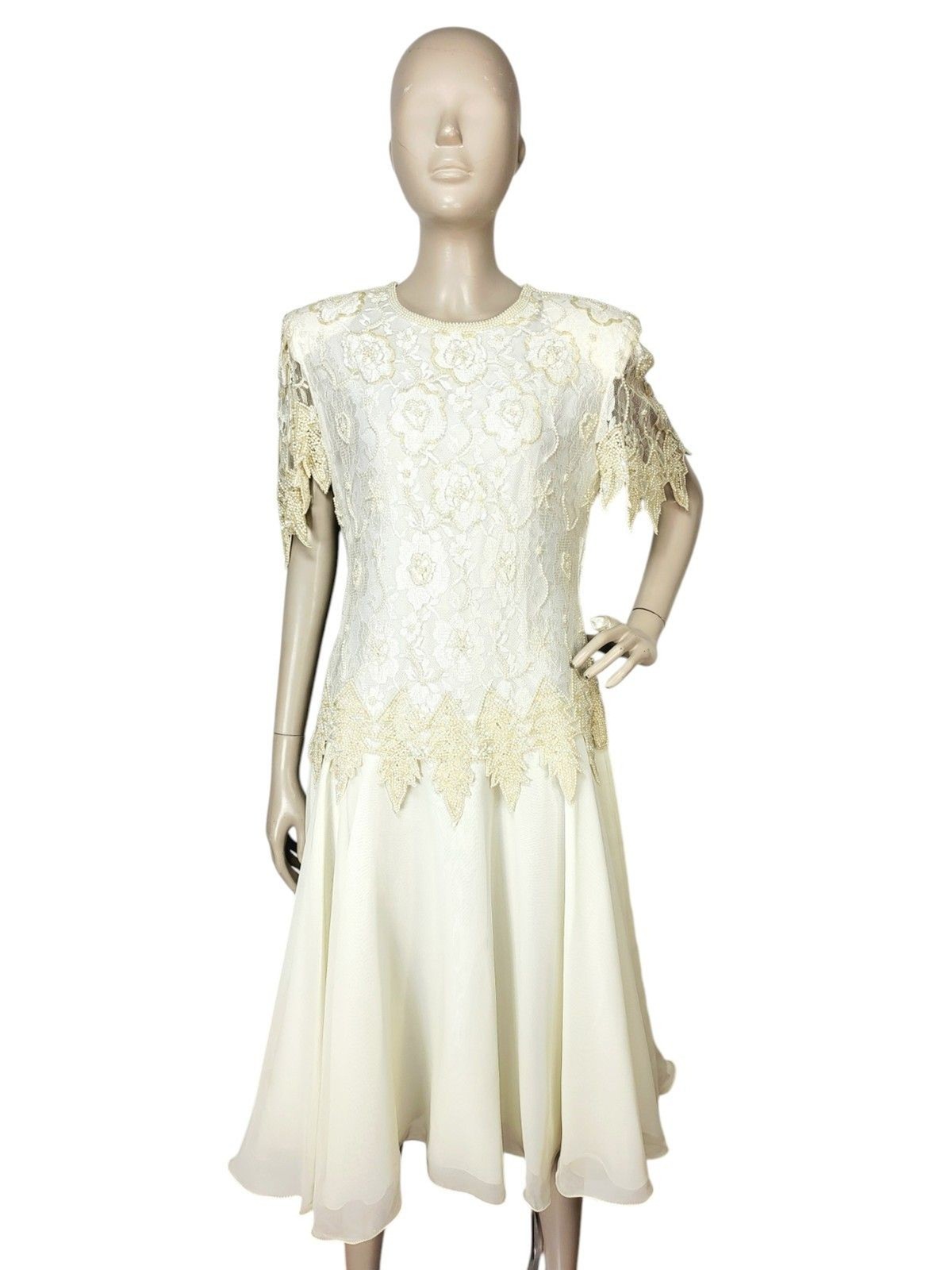 Vintage Laurance Kazar Creme Pearl Beaded Sequined Tiered Chiffon Formal Dress