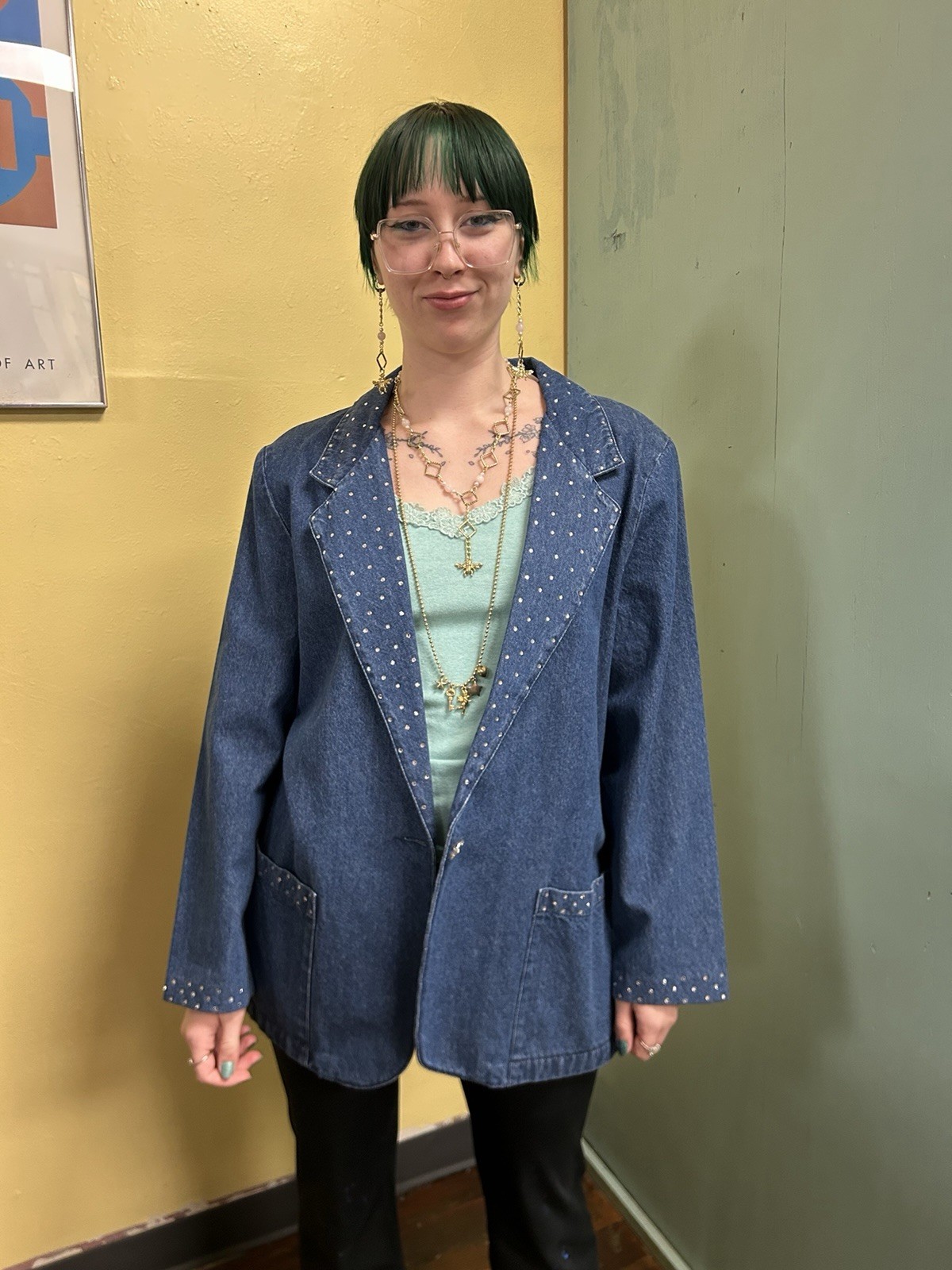 Vintage 90s Alice Stuart Cotton Denim & Rhinestone Blazer Jacket Large