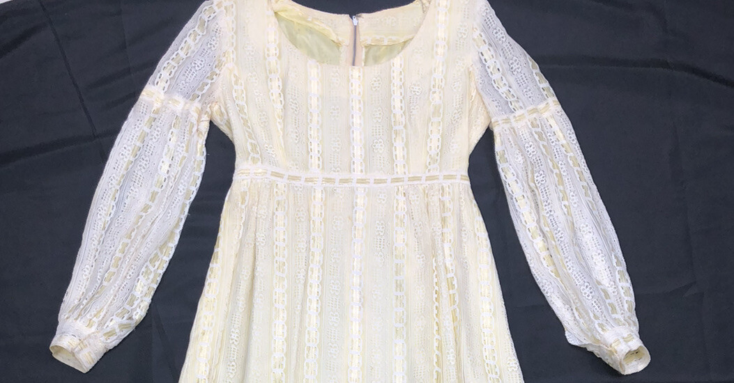 Vintage Lace Hippie MOD BOHO MAXI DRESS Yellow White 1960’s 1970s