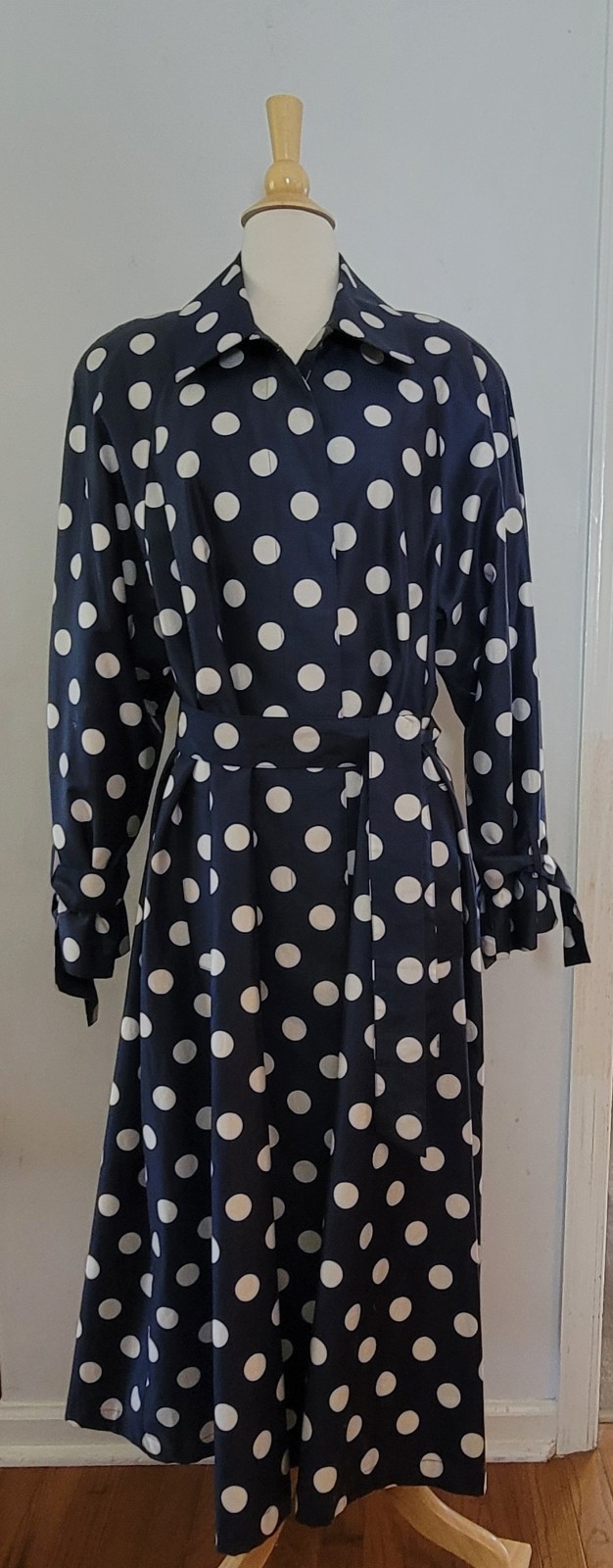 VINTAGE Count Romi Trench Coat Size 14 Navy/White Polka Dots Belted Buttons EUC