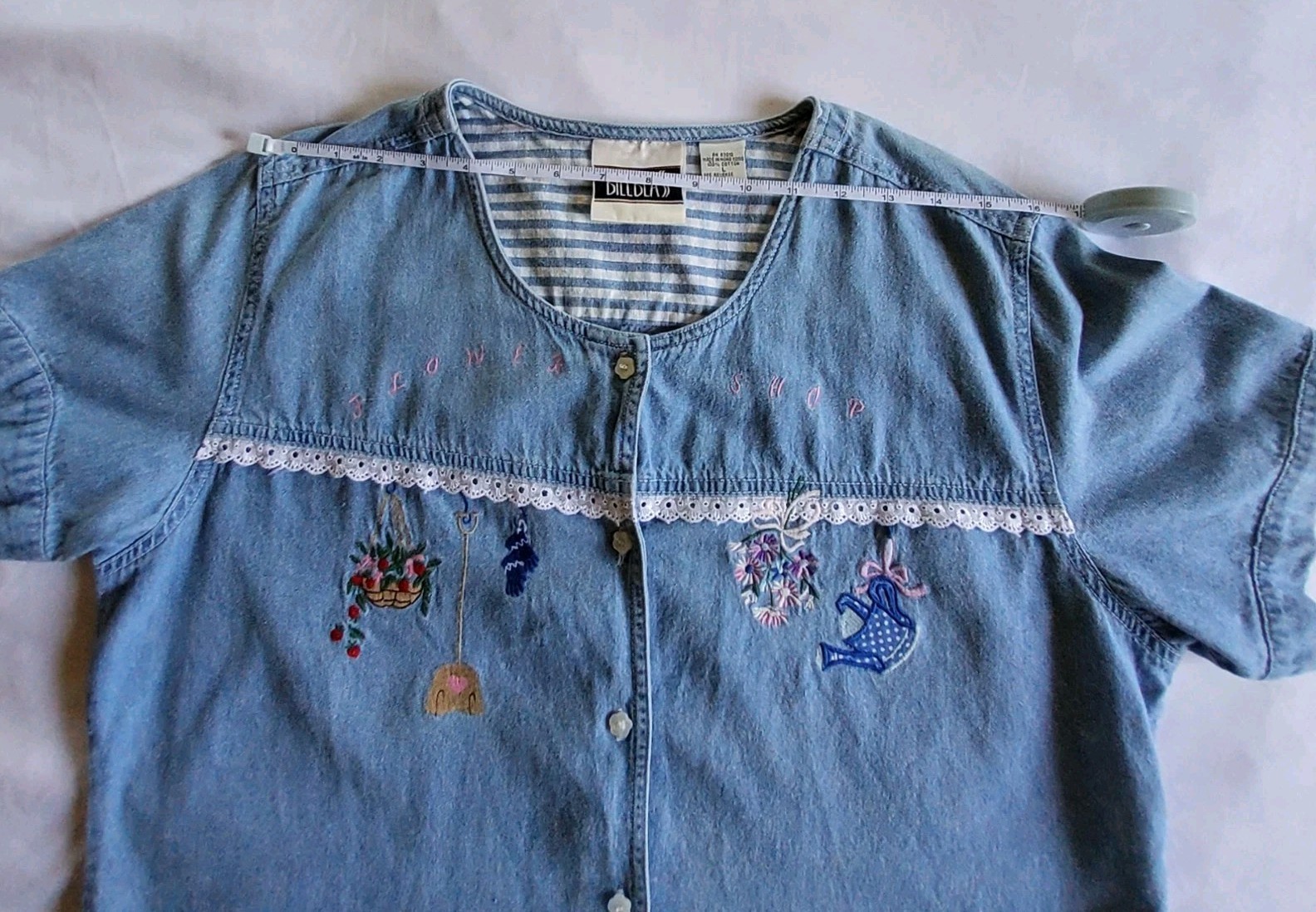 VTG 90s Bill Blass Large Denim Shirt Embroidered Plants Lace Grandmacore