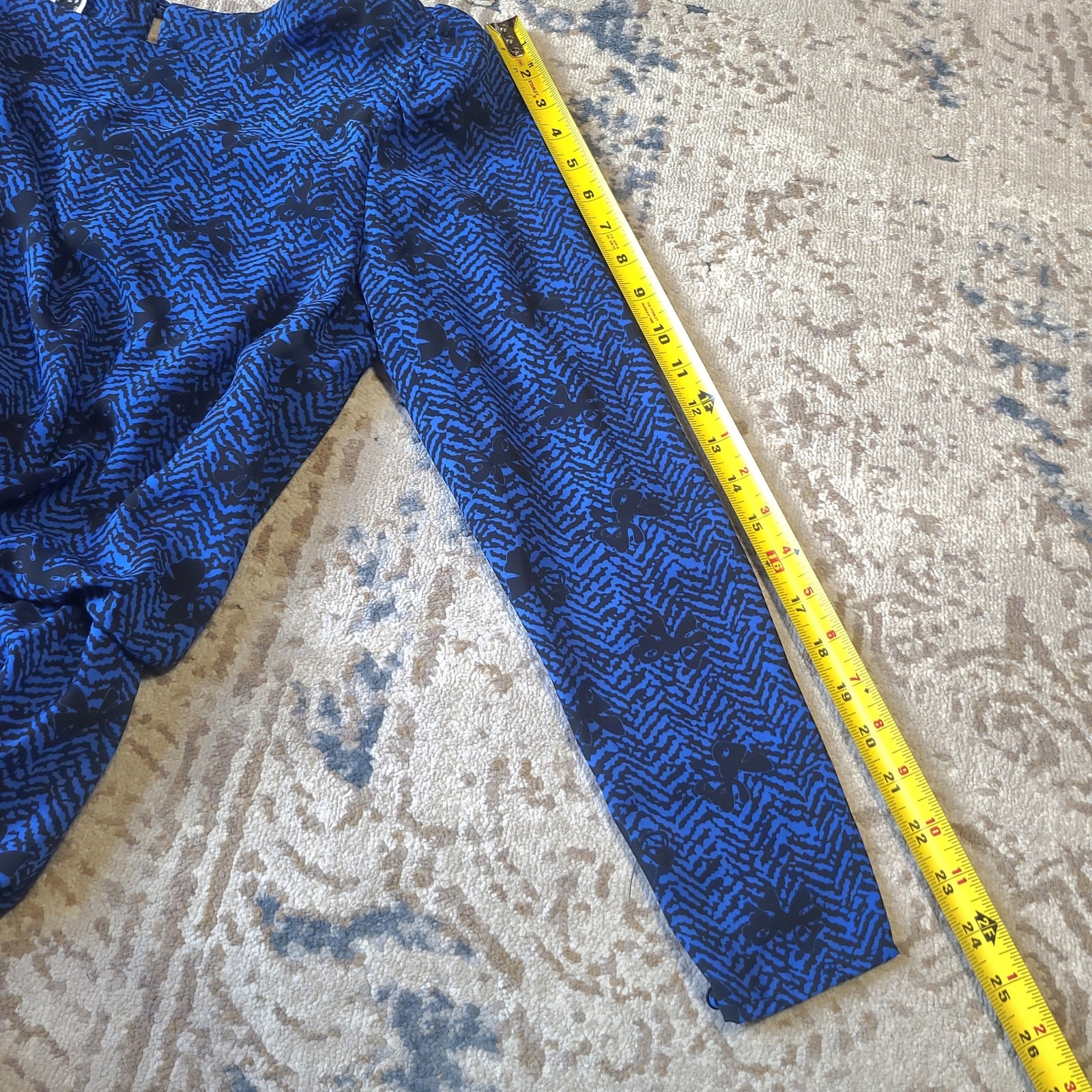Vintage Alison Peters Blousen Dress Bow Novelty Print Dark Blue Womens Size 9/10