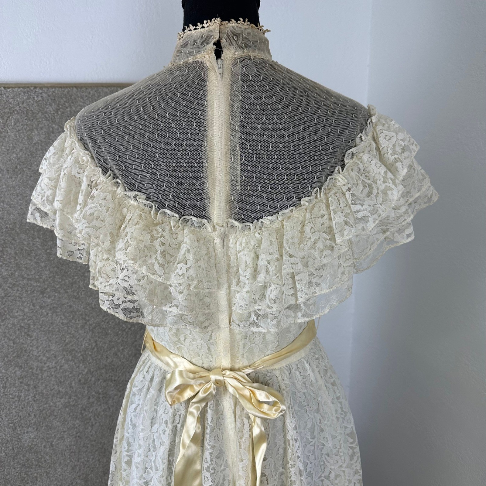 Vintage Candi Jones California Lace Maxi Dress Yellow Sash Victorian Prairie 9