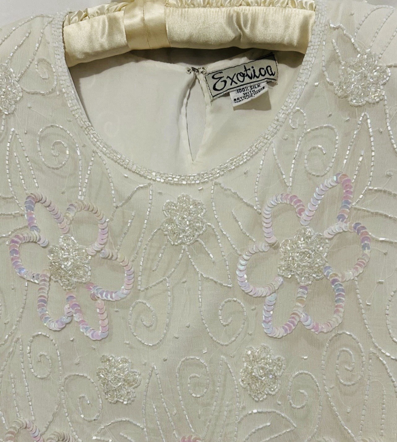 Vtg Silk Exotica Top Ivory Iridescent Beaded Sequins Mob Wife Cruise Blouse XL