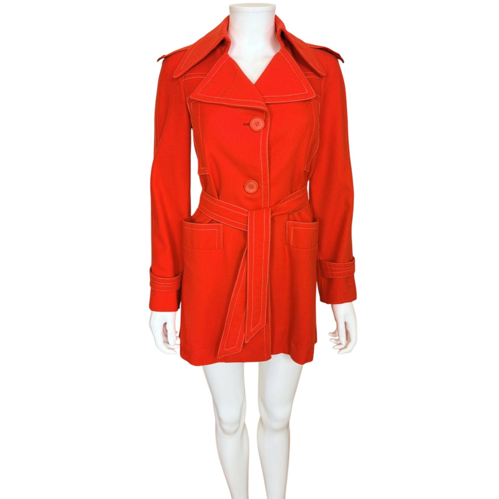 Vintage 1970s Ted Lapidus Paris Red Wool Belted Jacket Exclusive Boutique Design