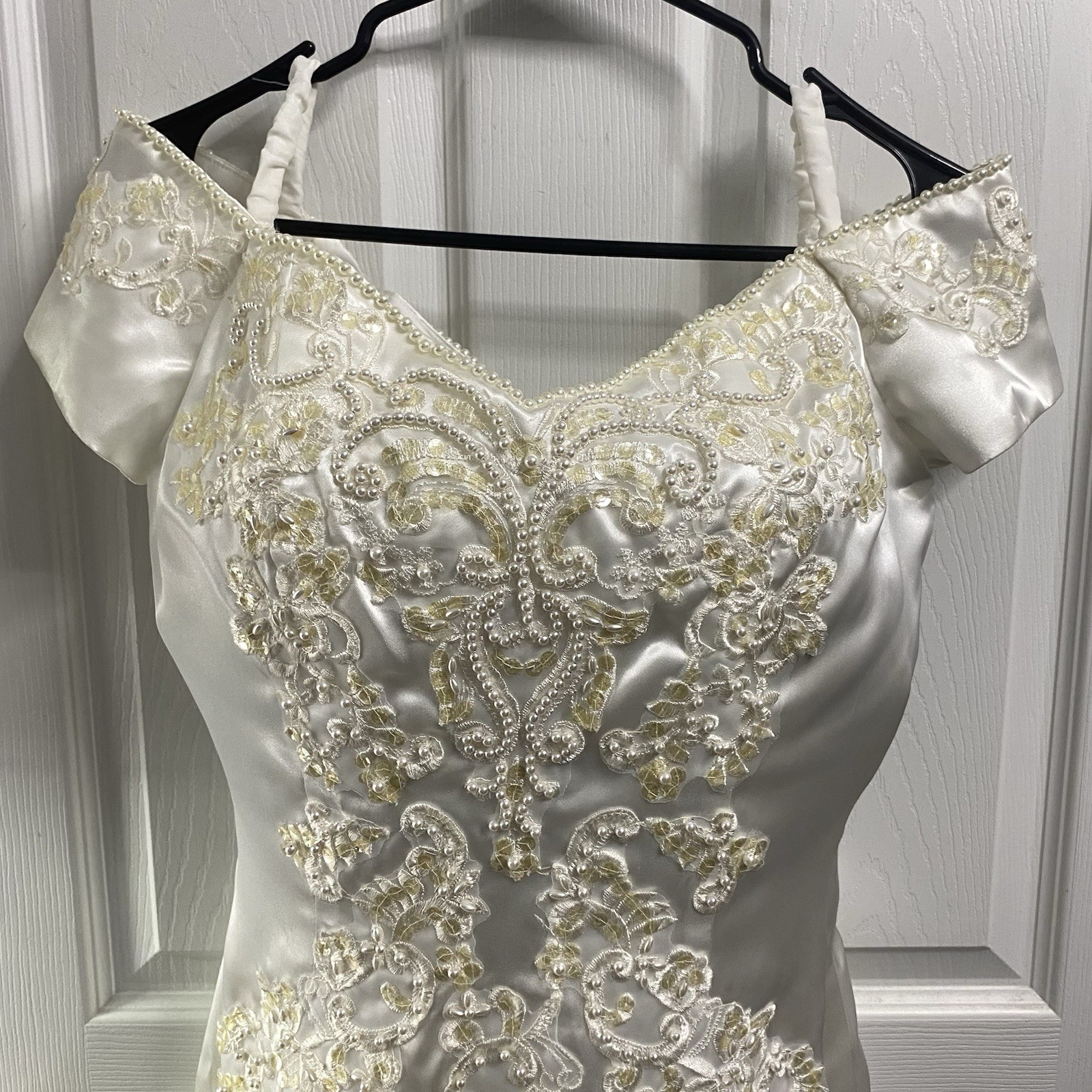Majestic Vintage Y2k White&Ivory Satin Short Wedding Dress detachable Train Sz.8