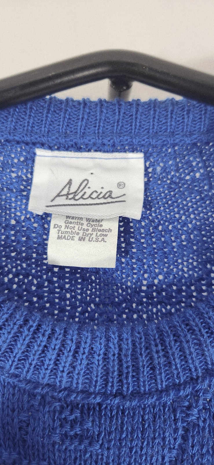 Vintage Cobalt Blue Knit Floral Sweater Alicia Cotton SZ SM