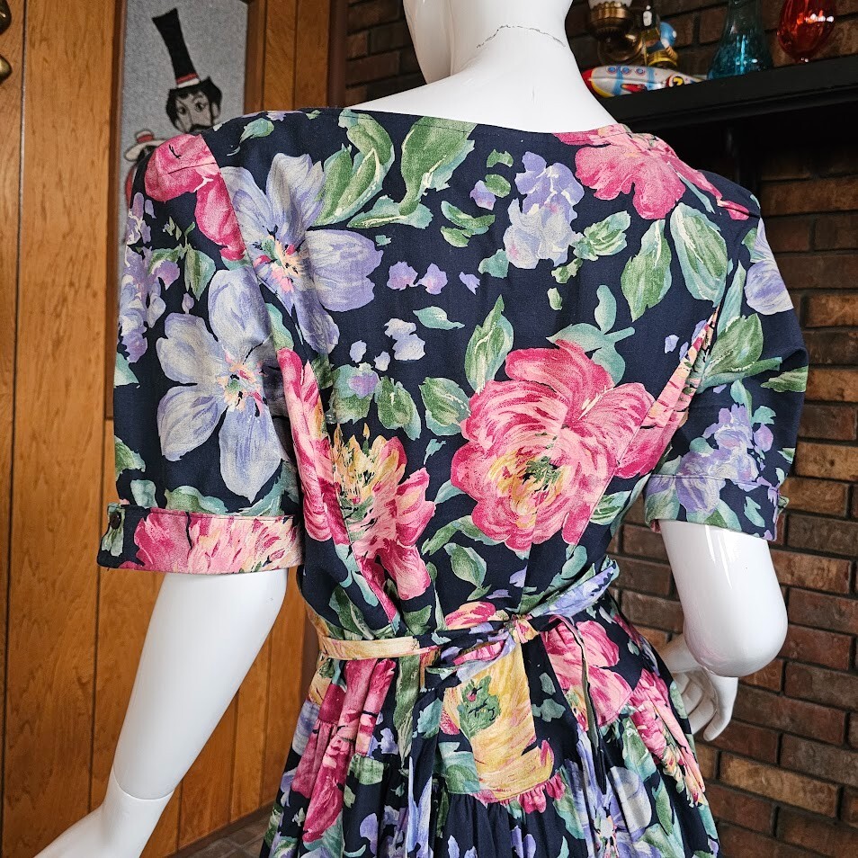 Vtg 80s Trad Wife Impressionist Floral Princess Waist Puff Sleeve Tea Dress M/L