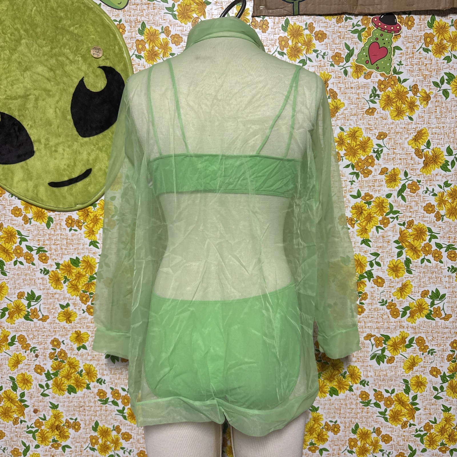 Vintage Retro Groovy Highlighter Green 3piece Lingerie Sleep Set Sexy Set
