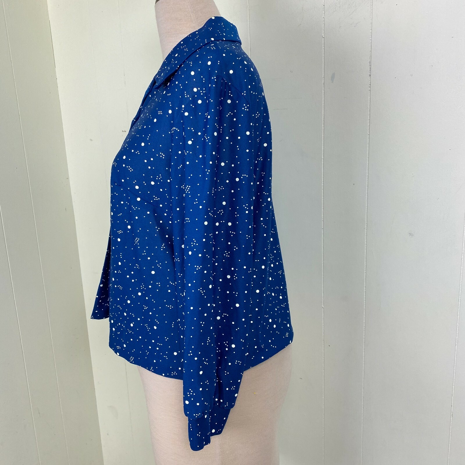 Vintage 70s Polyester Royal Blue & White Polka Dot Button Down Shirt