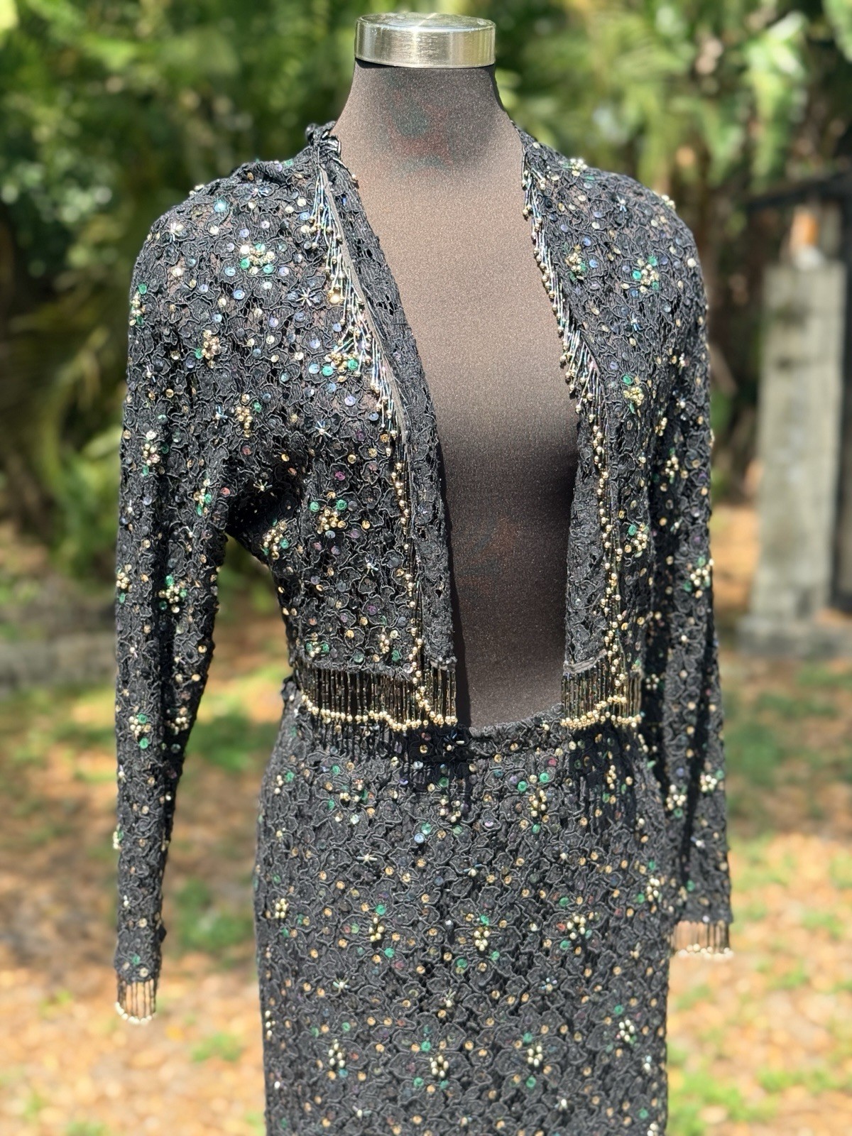 Vintage 1980s Vivienne Tam Crochet Lace Sequin Beaded Fringe Skirt Set