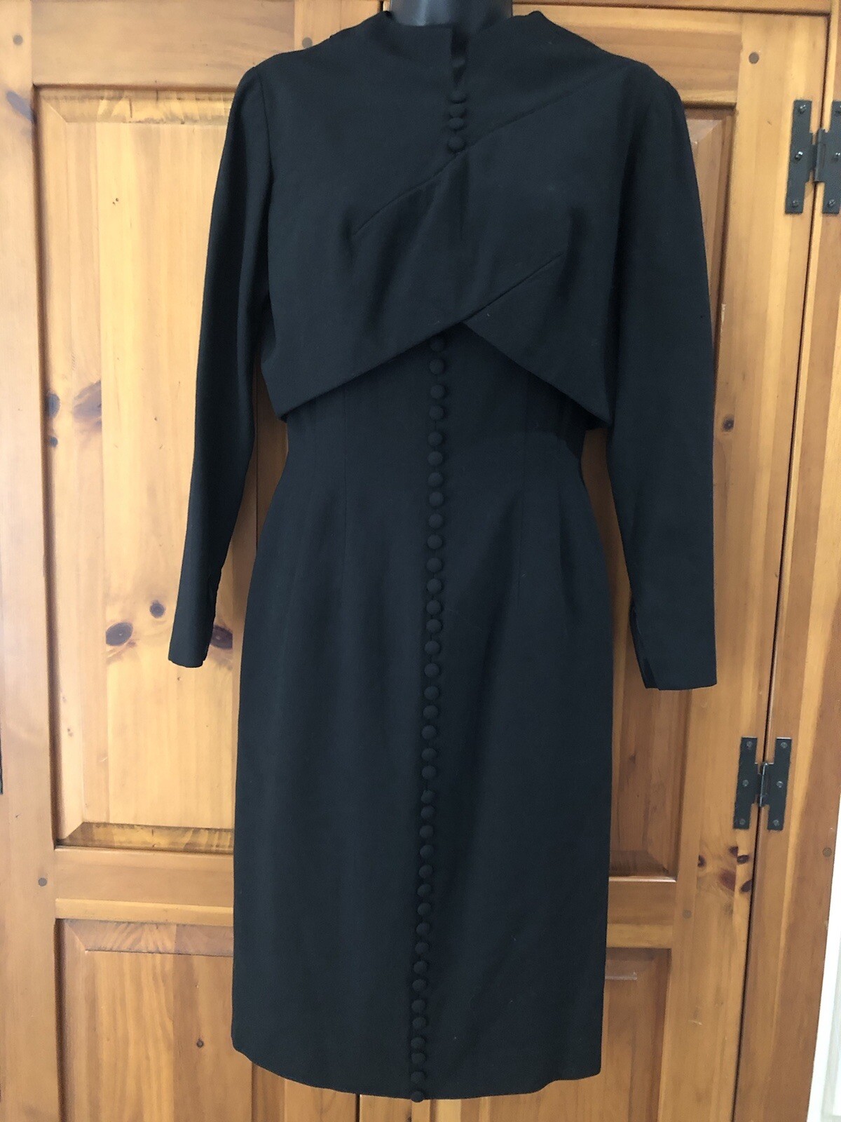 Travilla vintage 60s/70s black wool crepe dress self buttons capelet bodice S