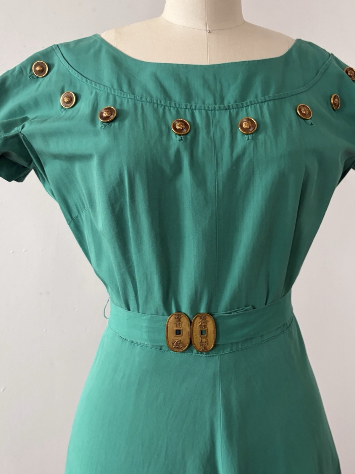 1950s Jade Green Polished Cotton Day Dress Midi Bateau Neck Crest Buttons Resort