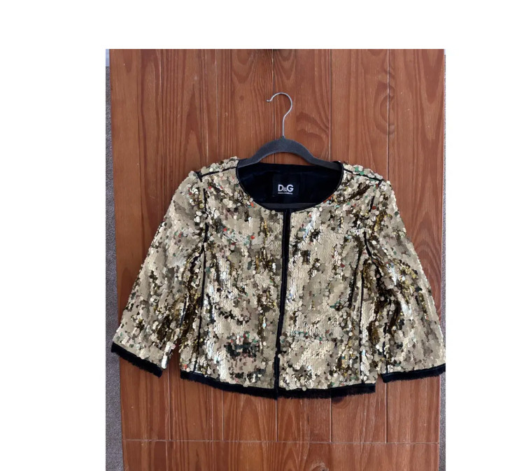 RARE 90s VTG D&G Dolce Gabbana Gold Sequin Jacket Black Trim Italy 40 COA Small