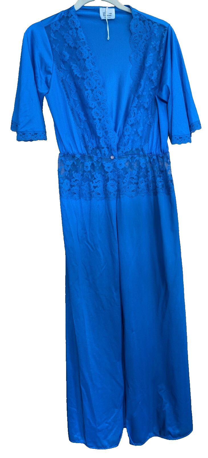 Vtg Paramount New York Robe Large Lace Detail Nylon Royal Blue TradWife Boudoir