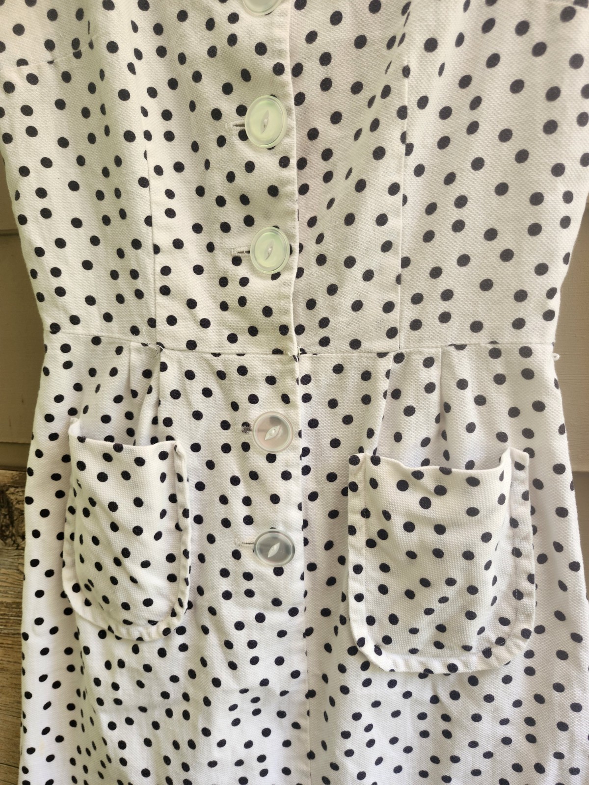 Vg 50s Dress White w/Black Polka Dot Fitted Waist Lrg Button Front W Pockets S/M