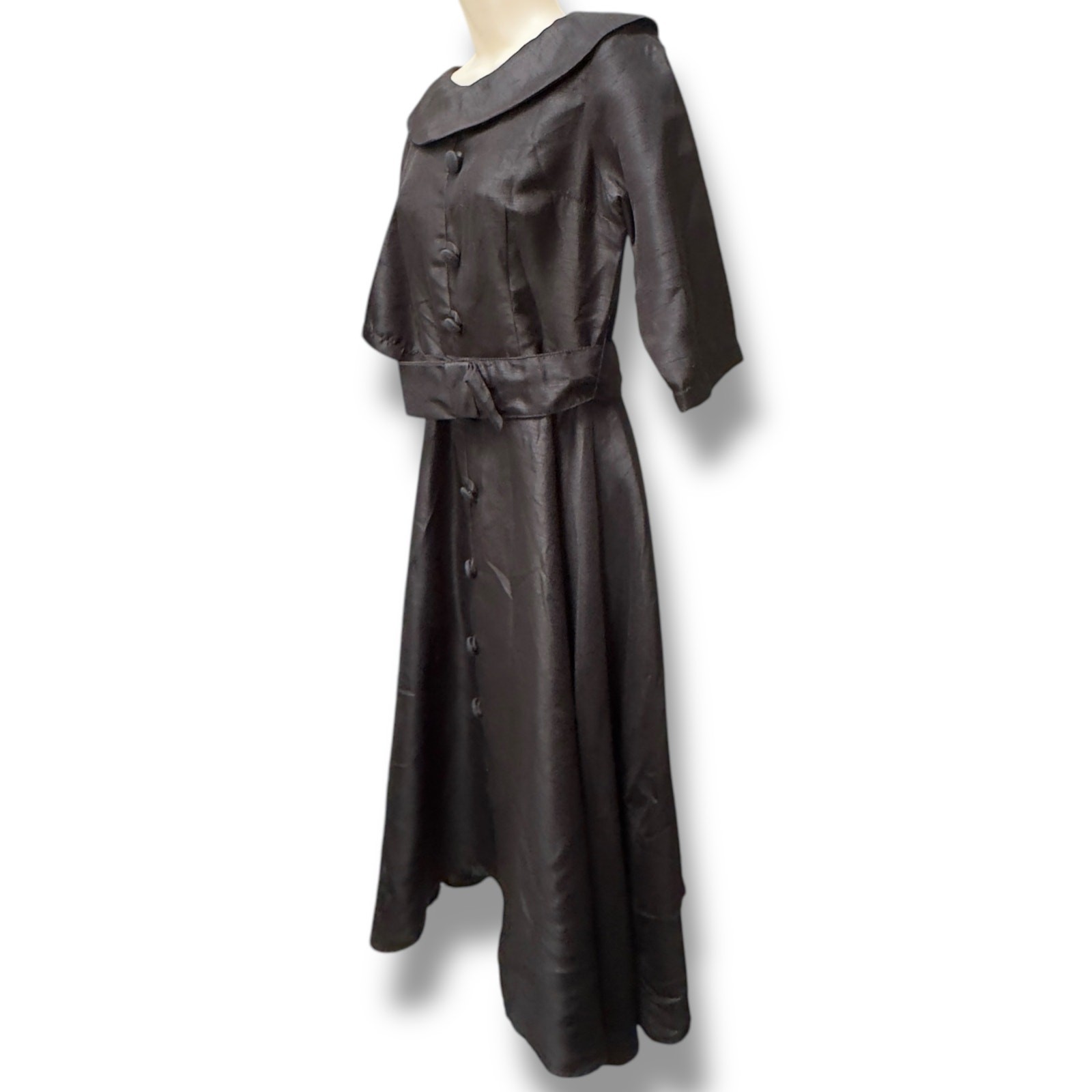 1950’s Black Silk Organza Cocktail Party Dress w Bow Belt Fit and Flare Vintage