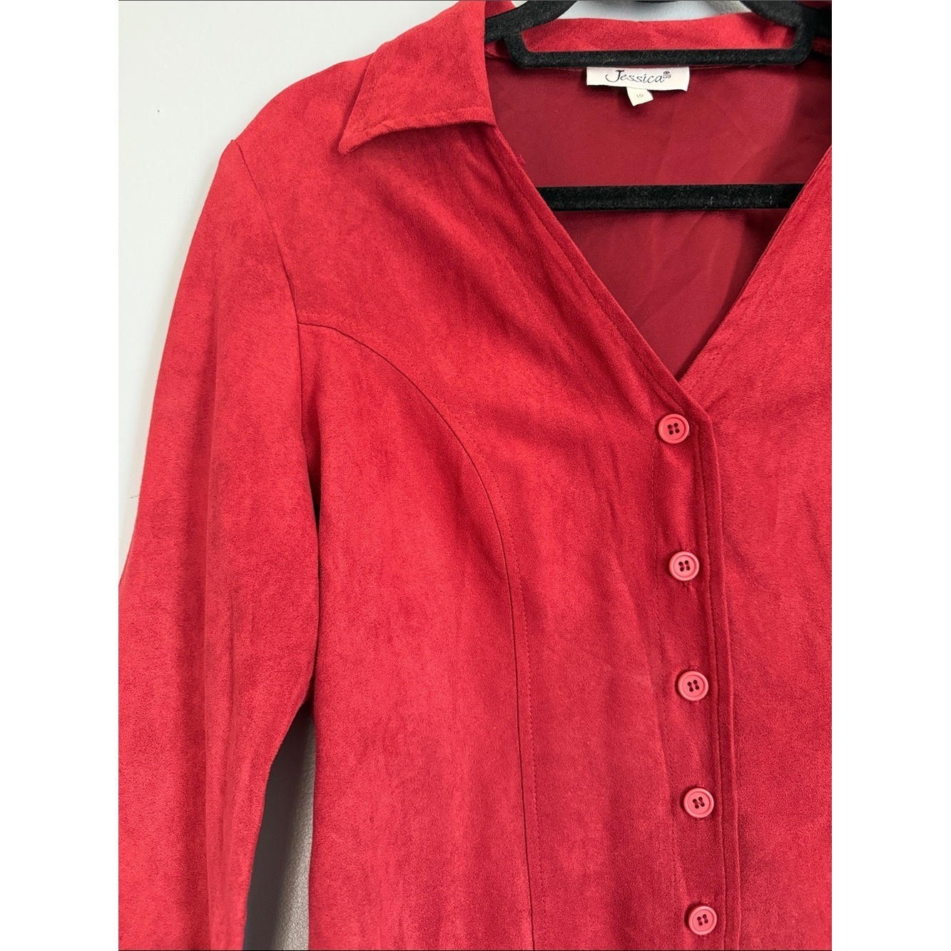 Jessica Vintage Red Faux Suede Button Front Shirt Jacket Blouse Medium Size 10