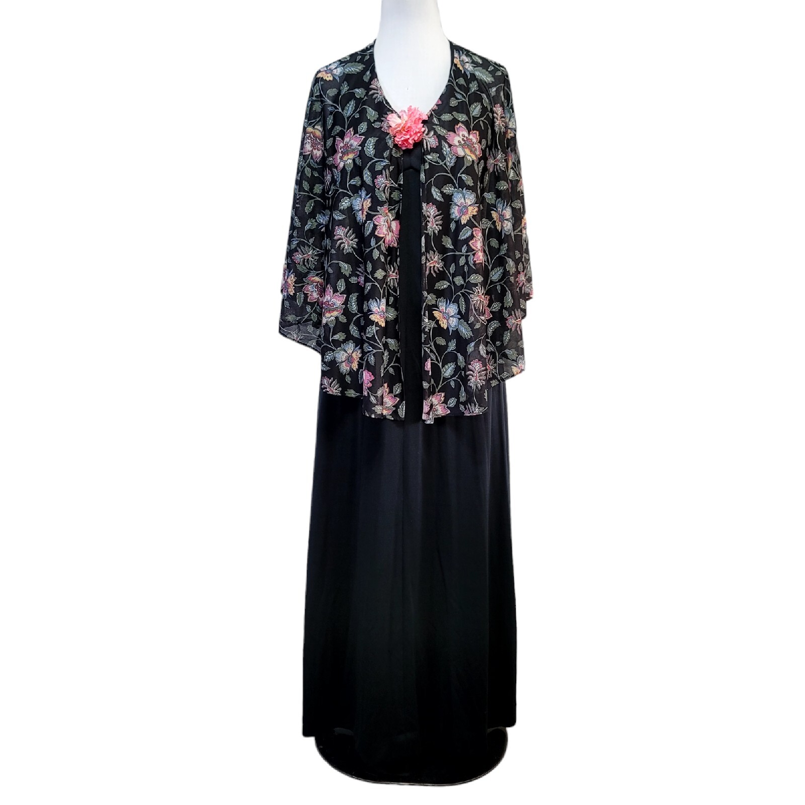Vintage 70s Black Floral Capelet Disco Maxi Dress Pink Flower Accent Sleeveless