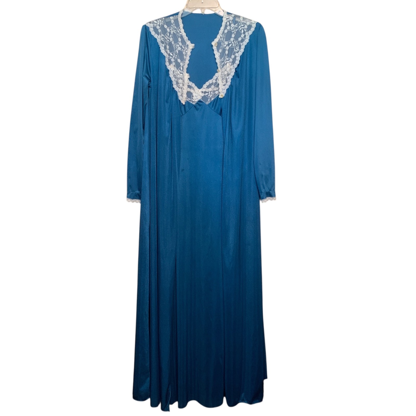 Vintage Stardust Long Teal Nightgown & Robe Set Lace Trim Modest 100% Nylon Sz M