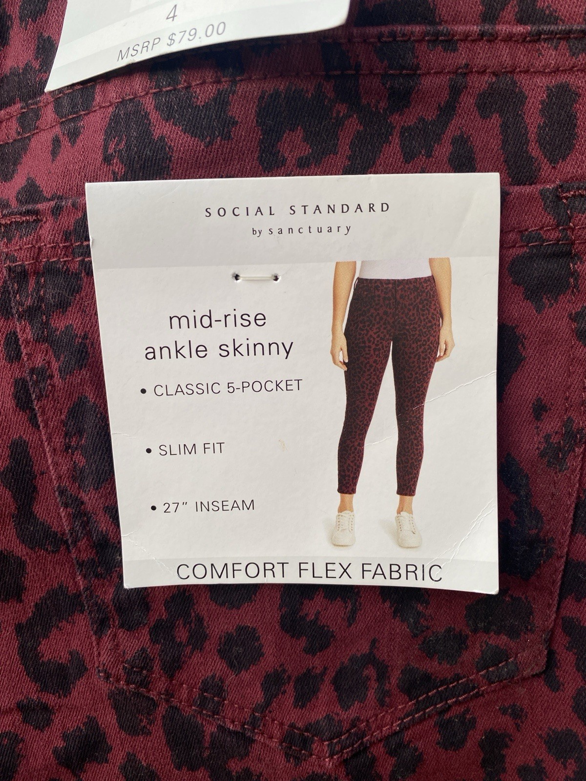 Maroon Cheetah Skinny Jeans Sz 4 By Social Standard New With Tags