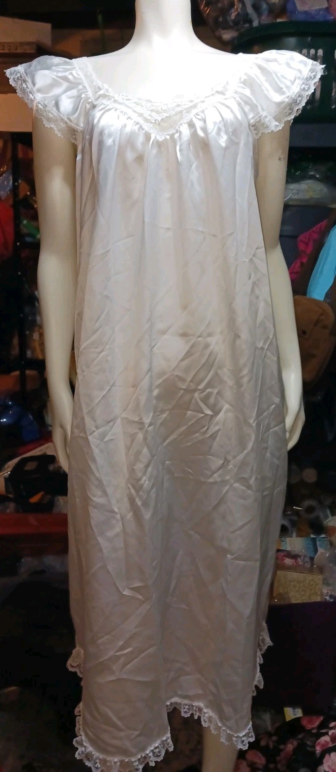 Vintage White Small Evensong Nightgown Shiny Satiny Ankle Length Cap Sleeves