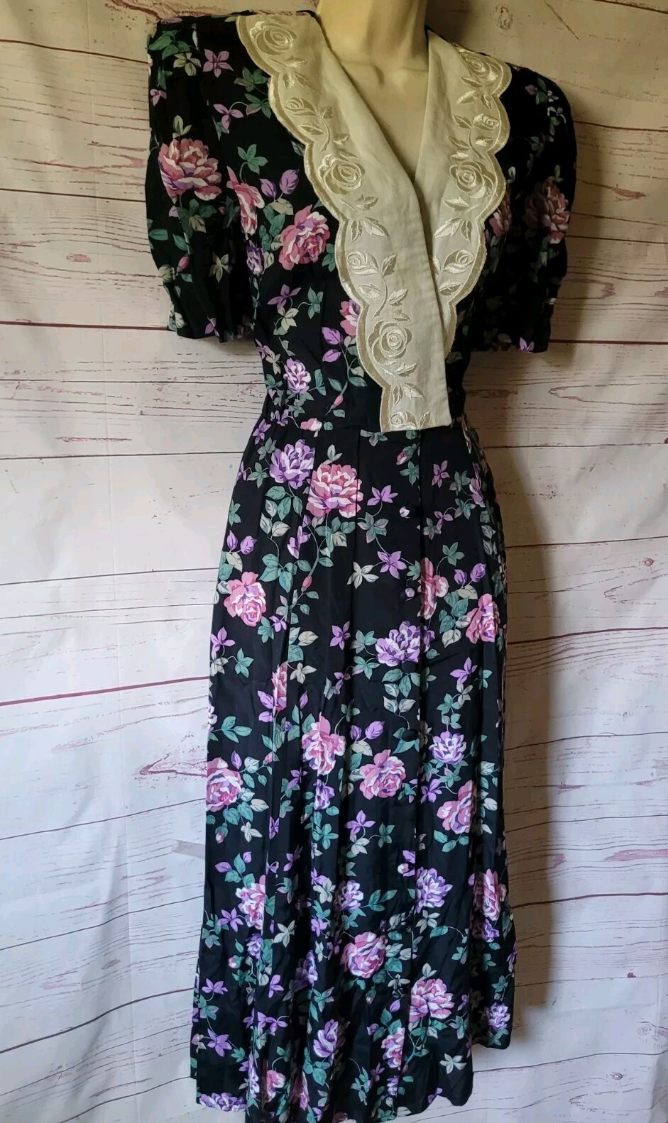 Vtg 80s Karin Stevens Dress 8 Cottage Victorian Embroidered Collar Cottage Core
