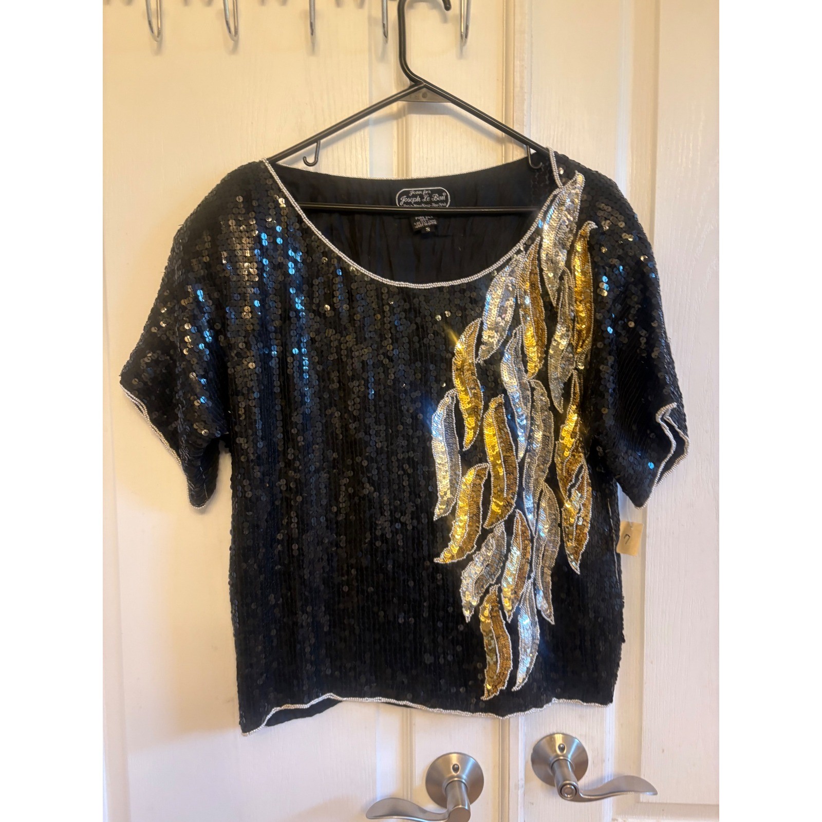 Jean for Joseph Le Bon Vintage Silk Sequin Blouse Black Gold Silver Feather S
