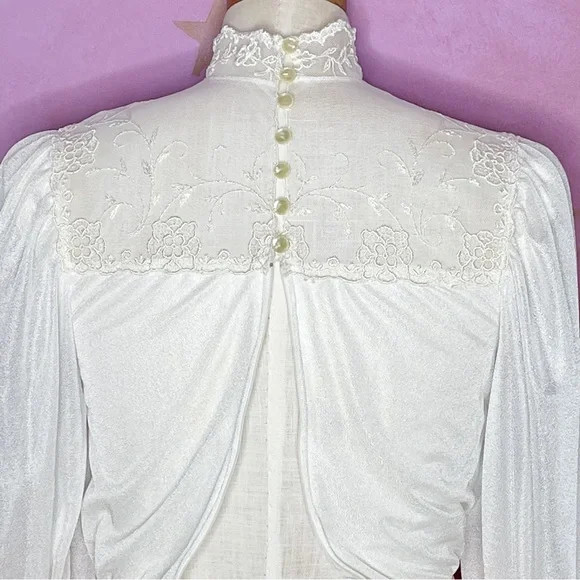 Vintage 70s Romantic Lace And Satin Peach Cream Chiffon Cottagecore Dress Small