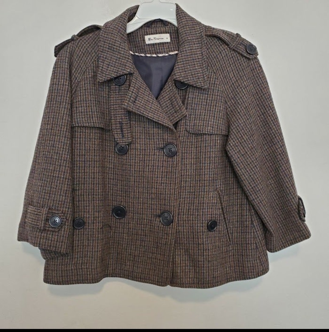 VTG Ben Sherman Sz M Wool Houndstooth Coat Blue Gray Cape Style Cropped Jacket