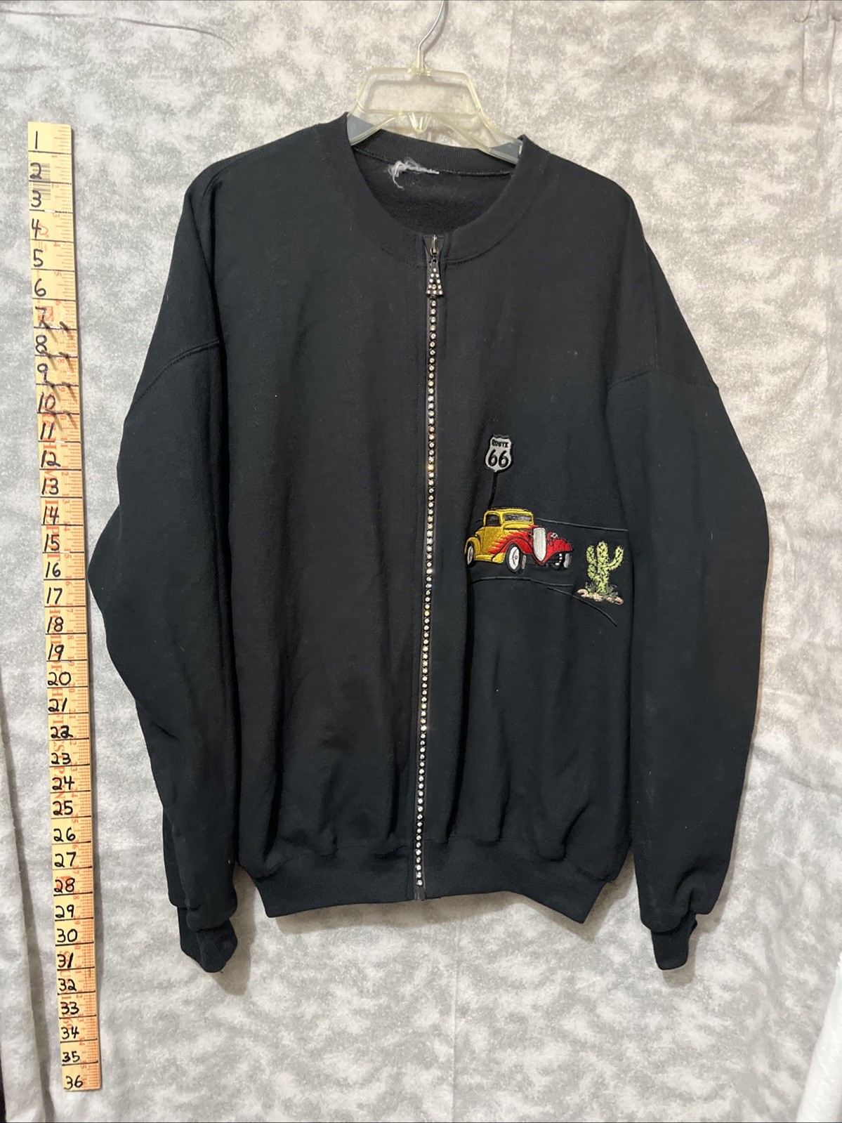 Black Women’s Zip up Sweater Route 66 Classic Car No Tags 2XL Jewel Zipper