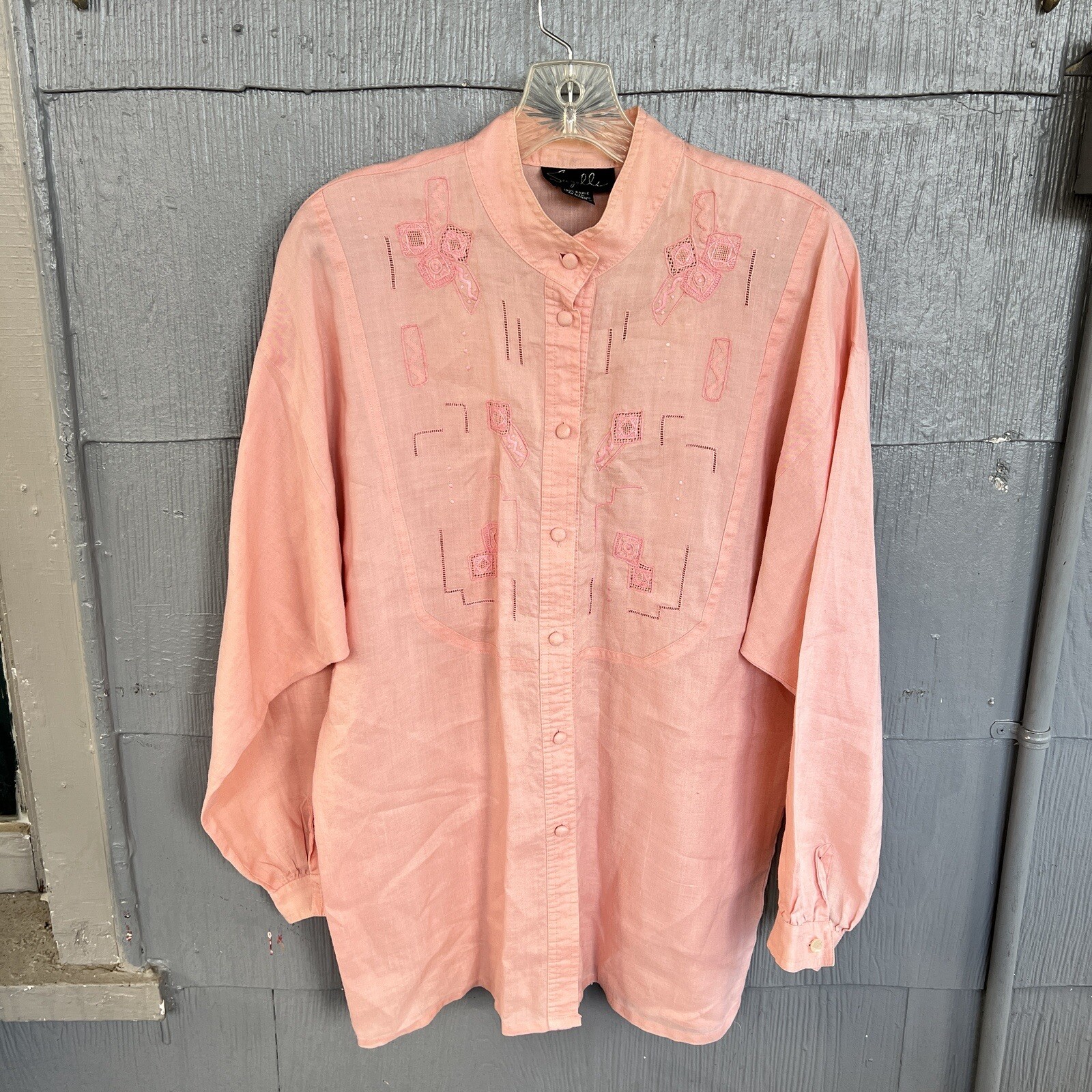 Suzelle Vintage Button Down Shirt Top Womens 12 Large Pink Ramie Blouse Western