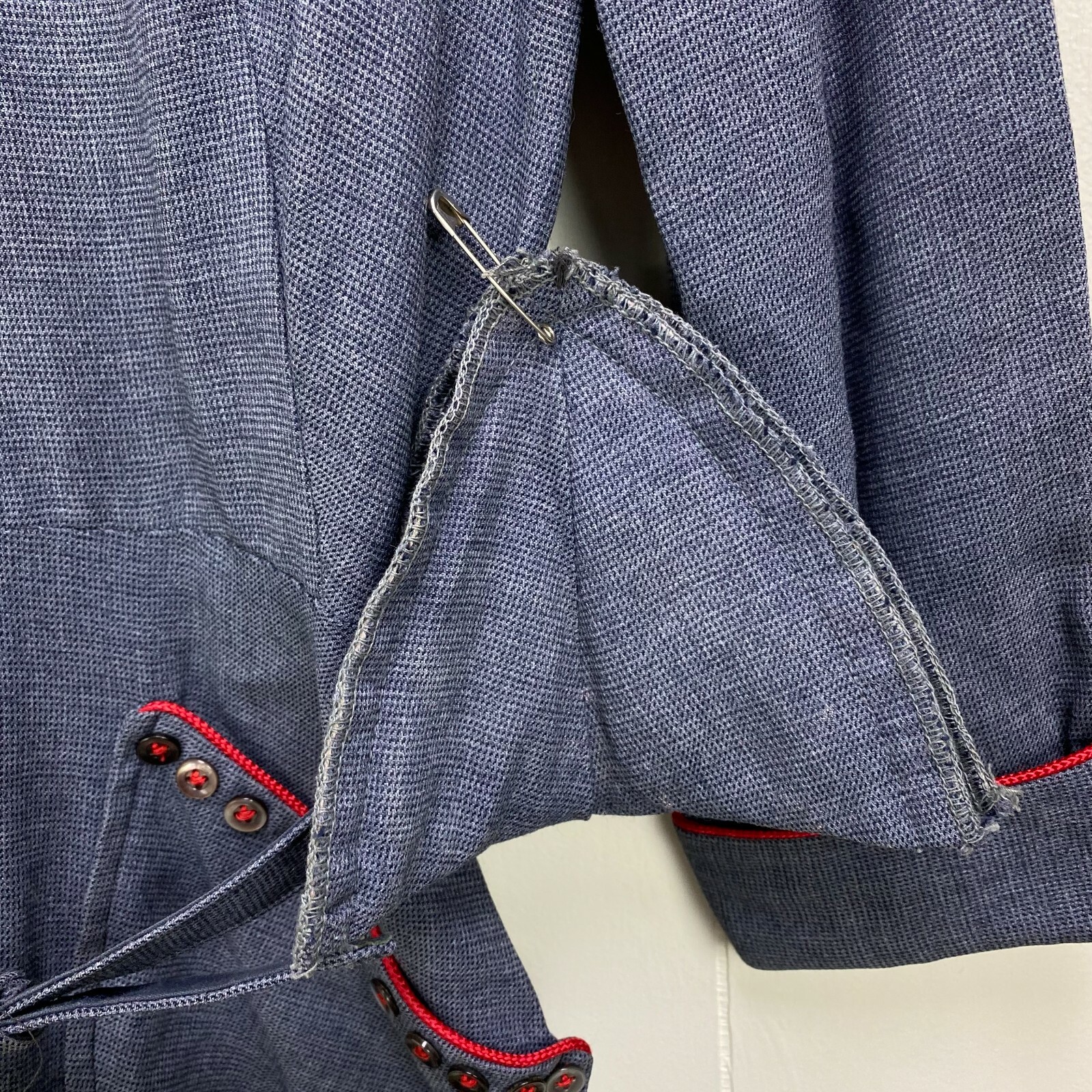Vintage 40s 50s Paul Sachs Bluish Gray Dress w/ Red Trim Belted Pockets Size 6