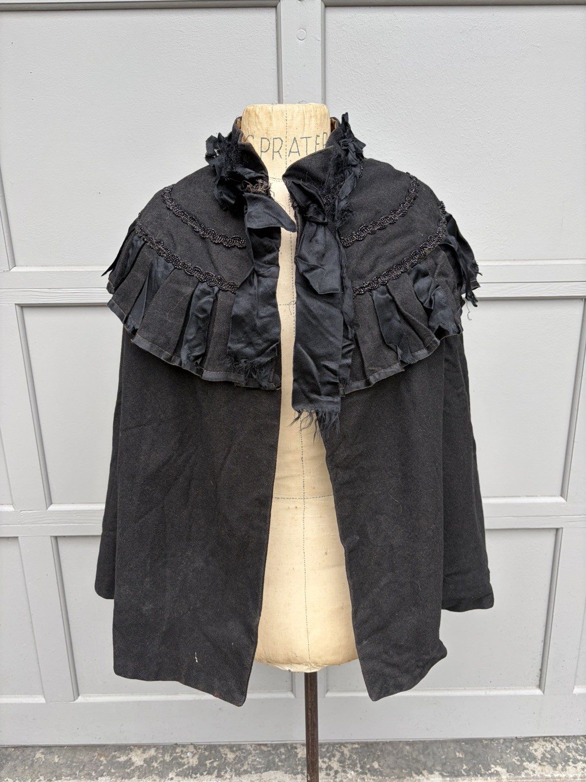 Antique Victorian Black Wool Beaded Evening Cape Capelet Cloak Mourning 1800s