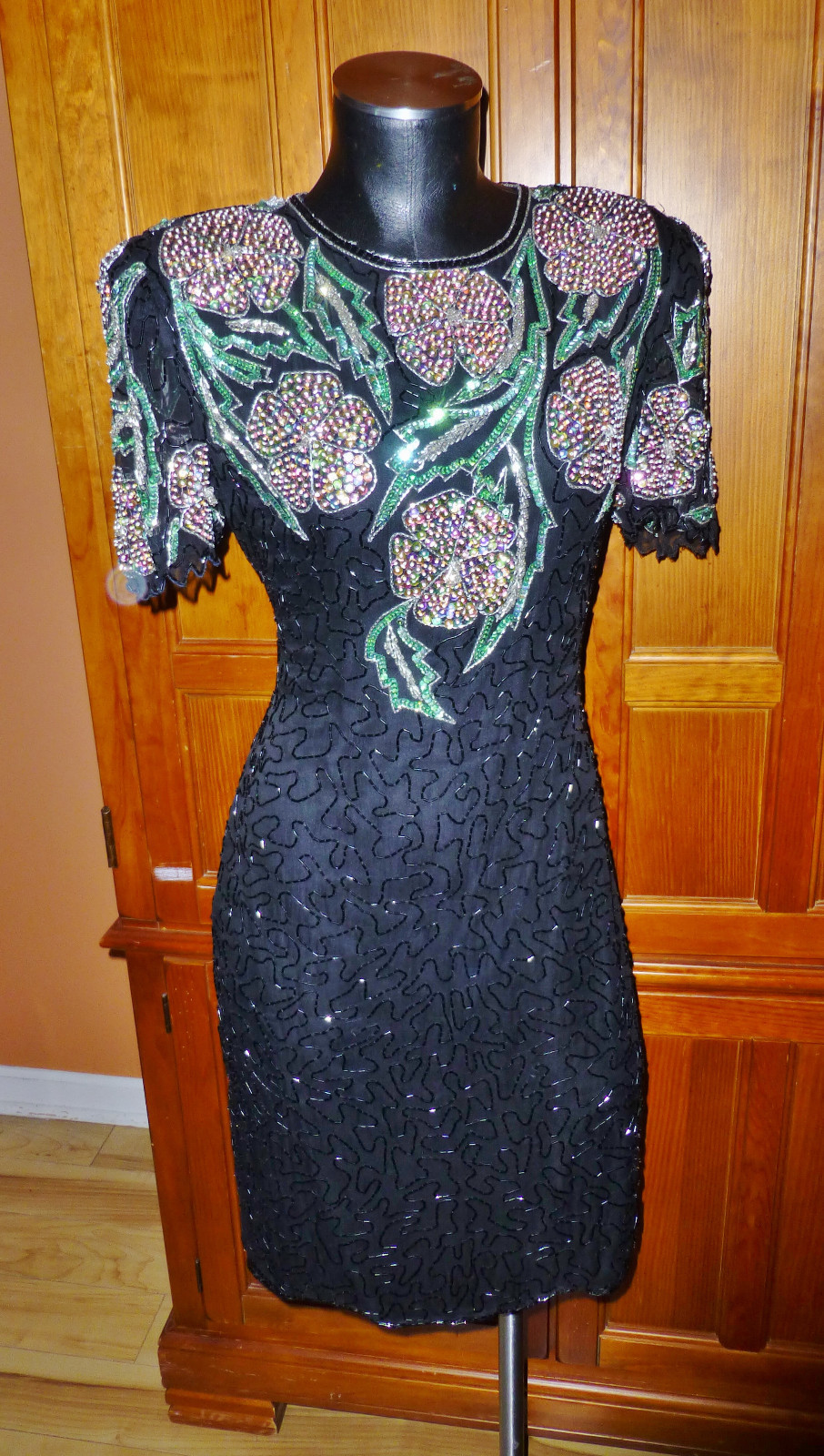 Vtg 80s SCALA Sequin Beads SILK Embroidery GLAM Cocktail Evening Party DRESS PL