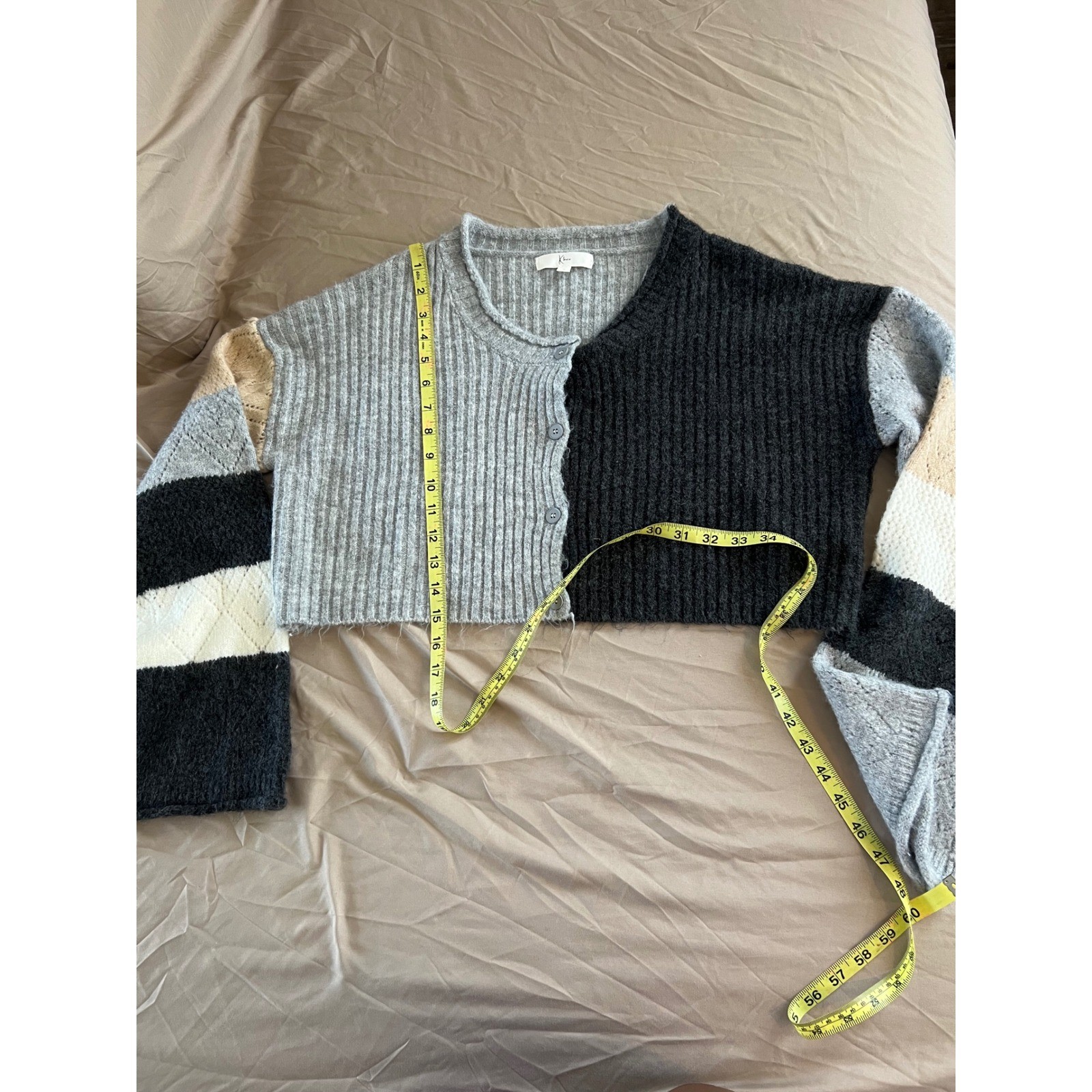 Klesis Gray Black Colorblock Cropped Cardigan Bell Sleeve Sweater Small