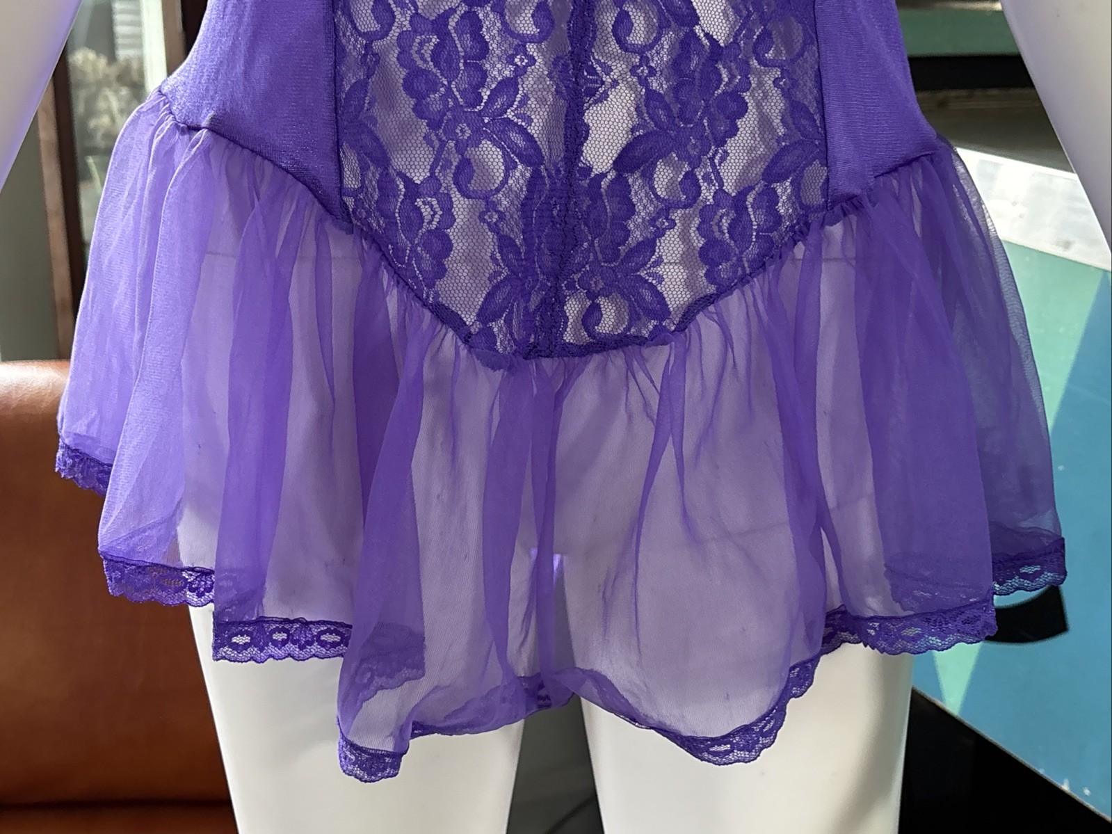 VTG Lingerie 80s 90s Medium Purple Nylon Unbranded Lace and Mesh Babydoll 32″