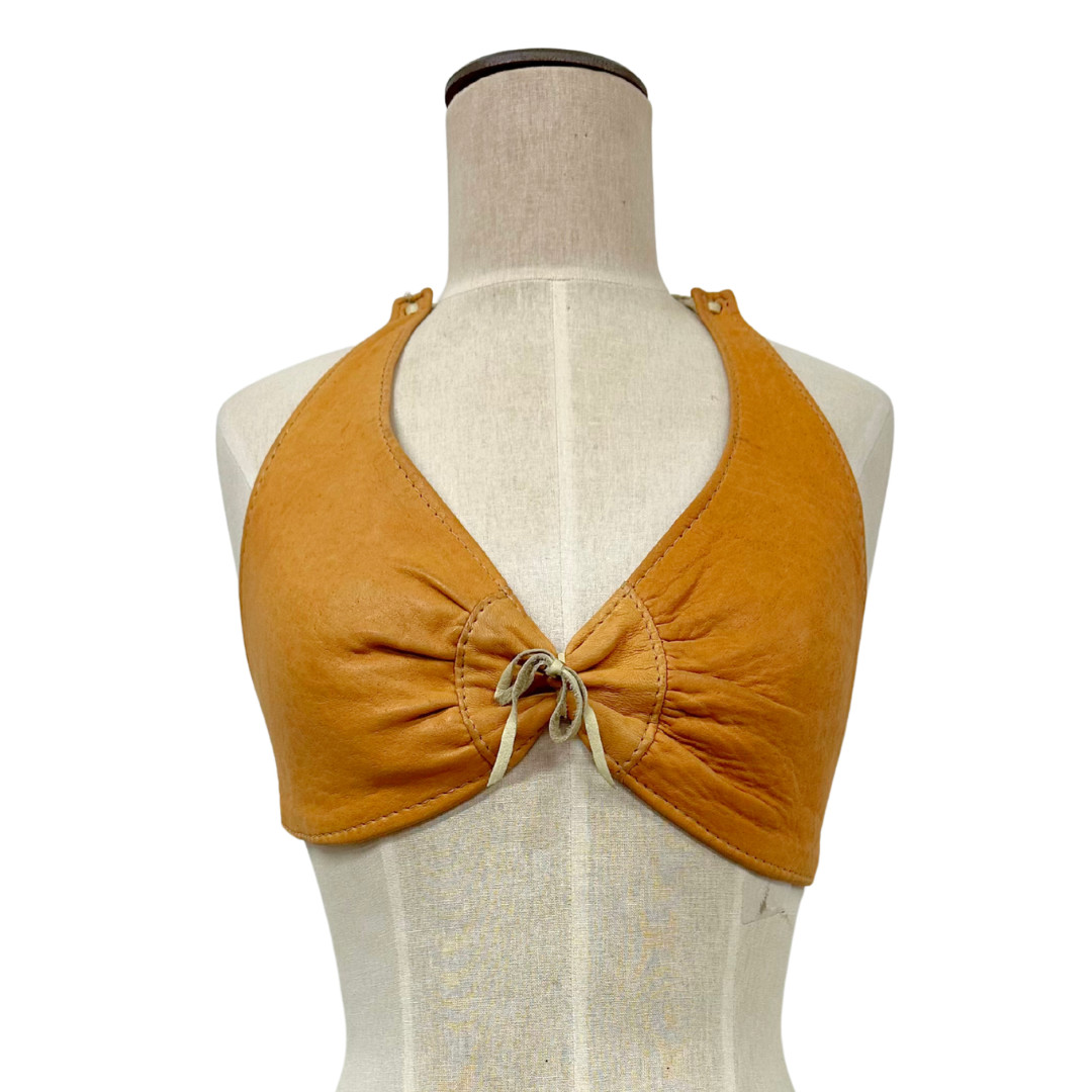 Vintage 1970s Orange Leather Woodstock Hippie Bra Top