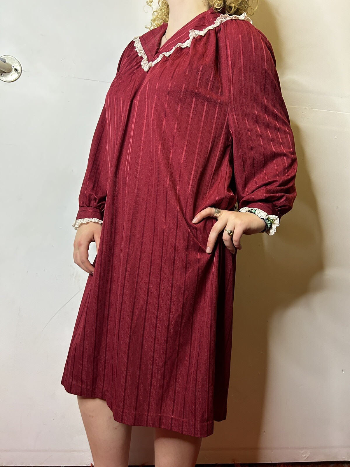 Vintage Australian ARC 80s Burgundy Midi Trapeze Dress Lace Yoke Pinstripe AU 14